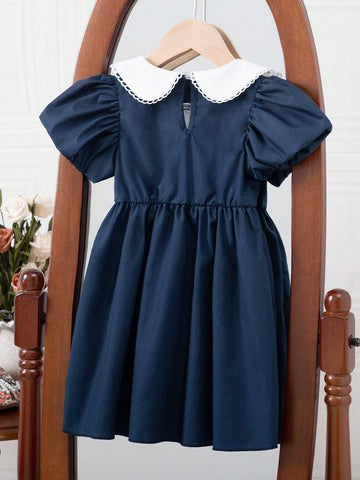 Girls' Doll Collar Puff Sleeve Casual Dress, Suitable For Vacation, Travel, And Party In Summer