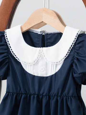 Girls' Doll Collar Puff Sleeve Casual Dress, Suitable For Vacation, Travel, And Party In Summer