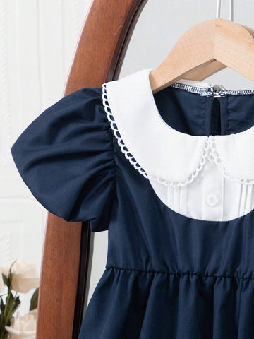 Girls' Doll Collar Puff Sleeve Casual Dress, Suitable For Vacation, Travel, And Party In Summer