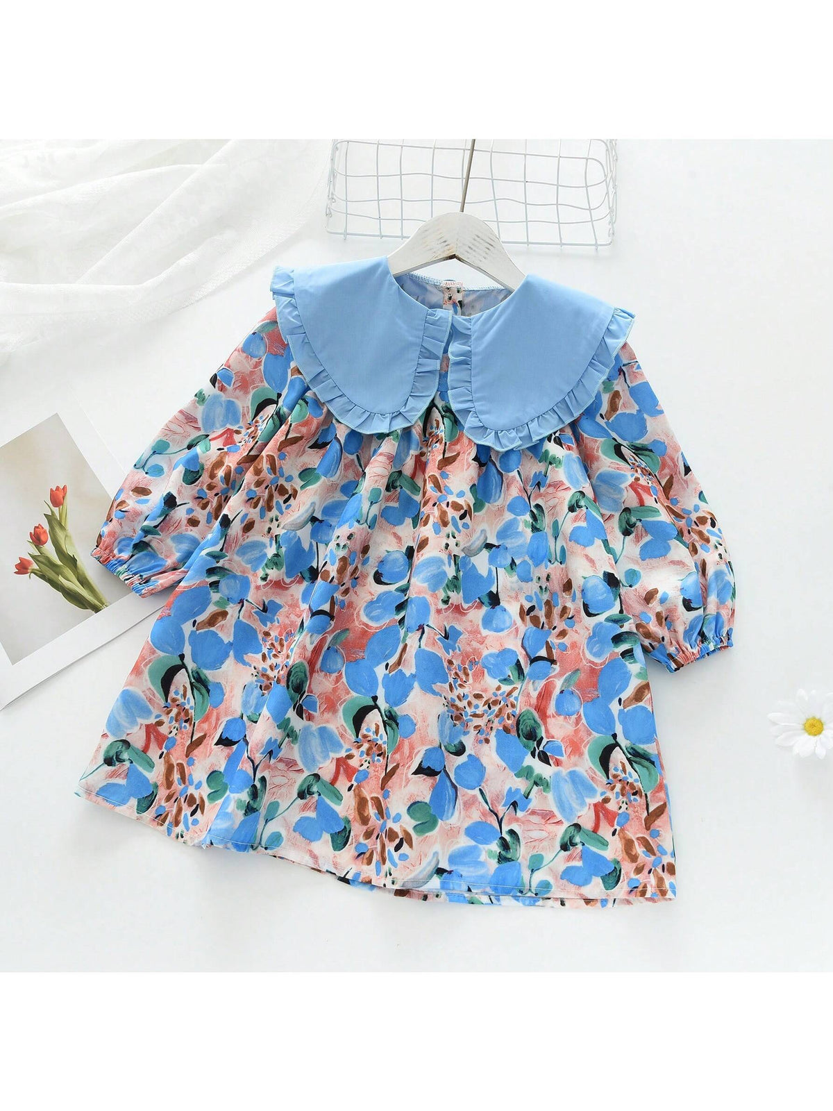Girls Dopamin Oversized Collar Long Sleeve Dress, Sweet Princess Style, For Young Girl
