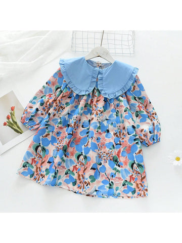Girls Dopamin Oversized Collar Long Sleeve Dress, Sweet Princess Style, For Young Girl