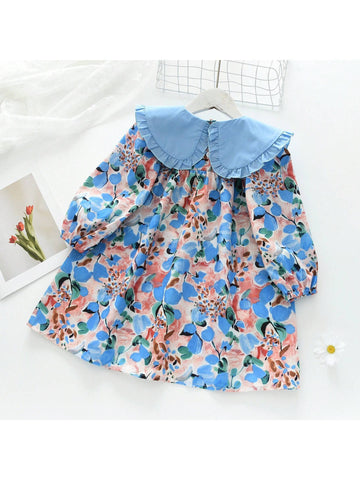 Girls Dopamin Oversized Collar Long Sleeve Dress, Sweet Princess Style, For Young Girl