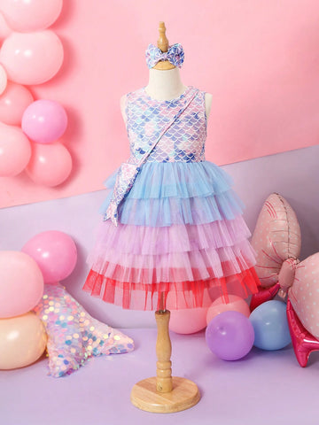 Girls Dreamy Tulle Mermaid Scale Colorful Dress With Fish Tail Mini Bag