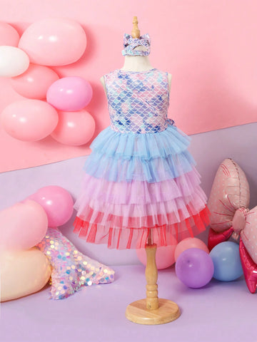 Girls Dreamy Tulle Mermaid Scale Colorful Dress With Fish Tail Mini Bag