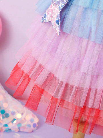 Girls Dreamy Tulle Mermaid Scale Colorful Dress With Fish Tail Mini Bag