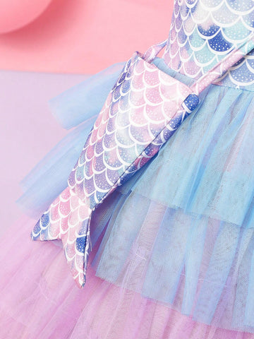 Girls Dreamy Tulle Mermaid Scale Colorful Dress With Fish Tail Mini Bag
