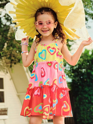 Girls Dress - Young Girl Colorful Holiday Geometric & Heart Pattern Patchwork Sleeveless Dress
