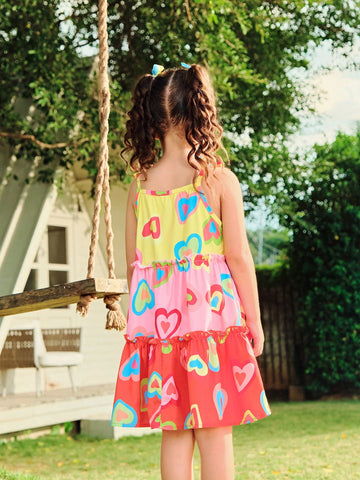 Girls Dress - Young Girl Colorful Holiday Geometric & Heart Pattern Patchwork Sleeveless Dress