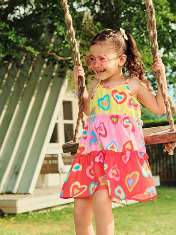Girls Dress - Young Girl Colorful Holiday Geometric & Heart Pattern Patchwork Sleeveless Dress