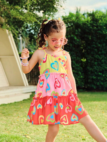 Girls Dress - Young Girl Colorful Holiday Geometric & Heart Pattern Patchwork Sleeveless Dress