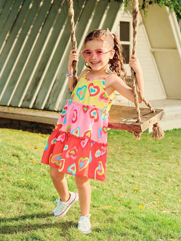 Girls Dress - Young Girl Colorful Holiday Geometric & Heart Pattern Patchwork Sleeveless Dress