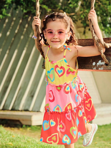 Girls Dress - Young Girl Colorful Holiday Geometric & Heart Pattern Patchwork Sleeveless Dress