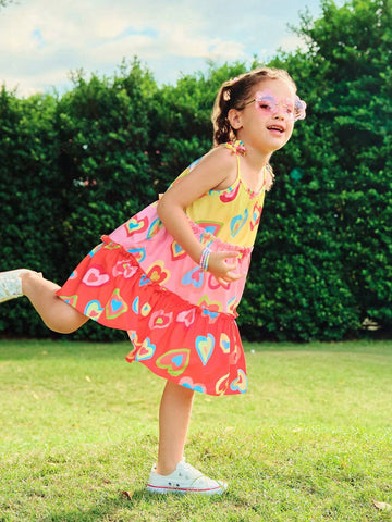 Girls Dress - Young Girl Colorful Holiday Geometric & Heart Pattern Patchwork Sleeveless Dress