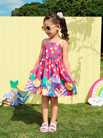 Girls Dress - Young Girl Colorful Vacation Multiple Floral & Polka Dot Strap Sundress, Vibrant Prints For Spring/Summer Outing