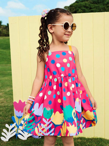 Girls Dress - Young Girl Colorful Vacation Multiple Floral & Polka Dot Strap Sundress, Vibrant Prints For Spring/Summer Outing
