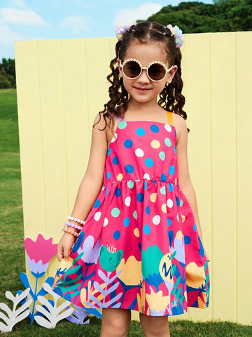 Girls Dress - Young Girl Colorful Vacation Multiple Floral & Polka Dot Strap Sundress, Vibrant Prints For Spring/Summer Outing