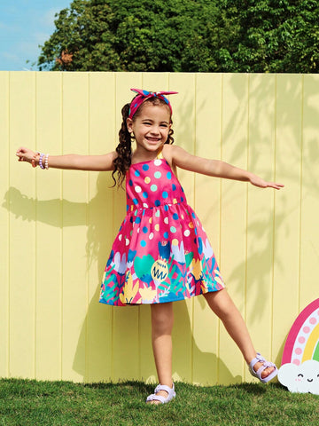 Girls Dress - Young Girl Colorful Vacation Multiple Floral & Polka Dot Strap Sundress, Vibrant Prints For Spring/Summer Outing