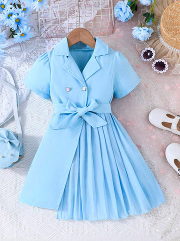 Girls" Dress 2024 Summer New Style Short Sleeve Shirt Pleated Skirt French Princess Dress Children Wear