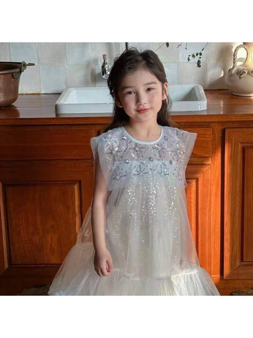 Girls' Dress, 24 Summer New Arrival, Magician Collar, Heavy Sequin Mesh Skirt, Puffy Tulle Hemline, Princess Dress