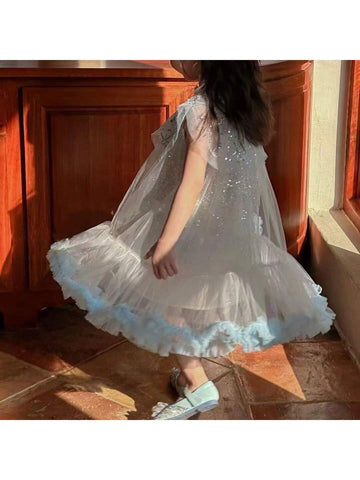 Girls' Dress, 24 Summer New Arrival, Magician Collar, Heavy Sequin Mesh Skirt, Puffy Tulle Hemline, Princess Dress