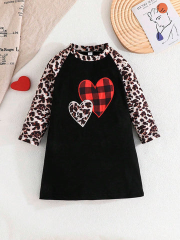 Girls Dress 4-7Years Long Sleeve Heart Embroidered Print Patchwork Elegant Casual Long Dress
