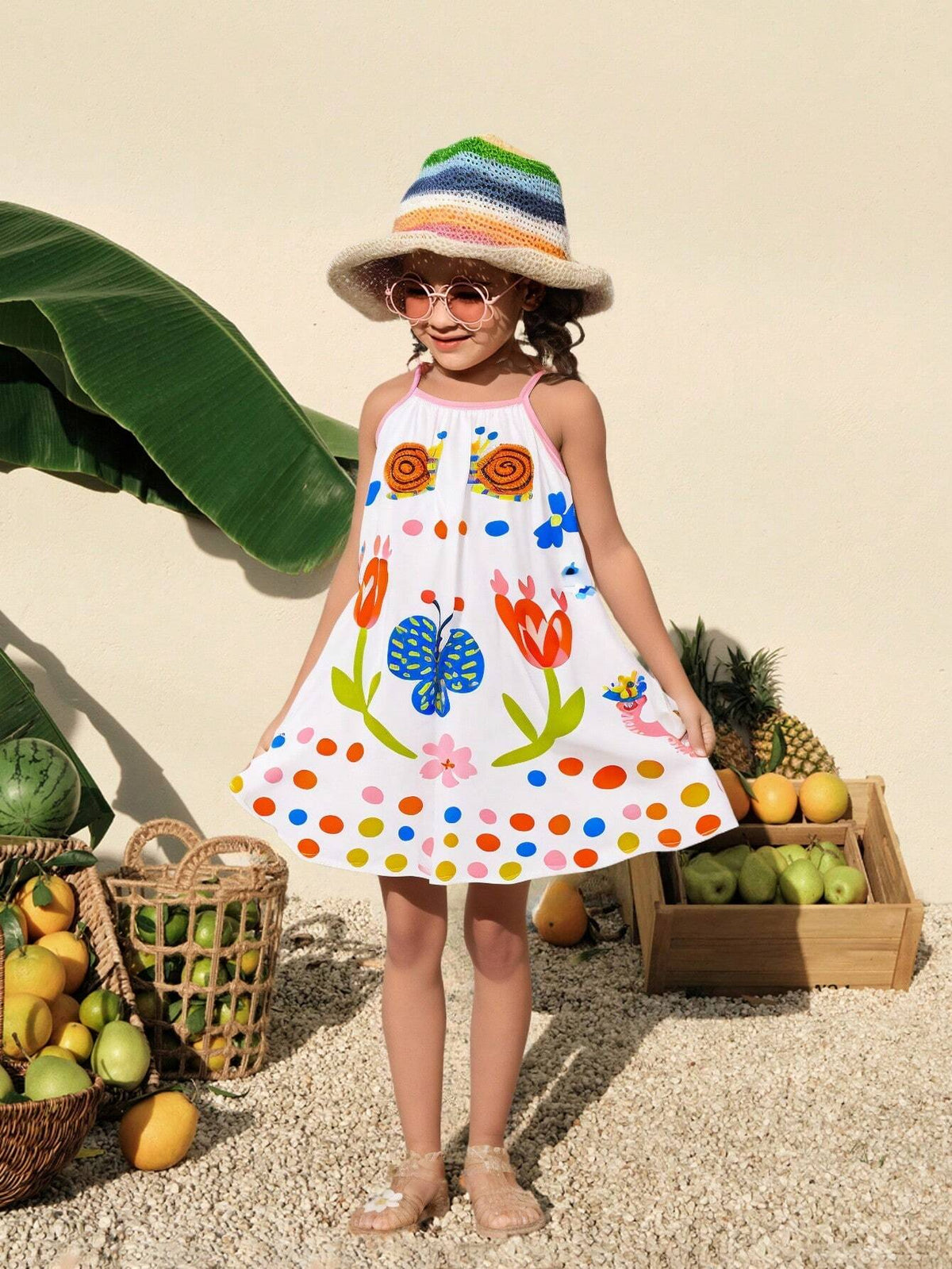 Girls Dress, Casual Vacation Active Colorful Geometric Pattern Printed Sleeveless Sundress, Loose Beach Dress Suitable For Vacation, Spring/Summer