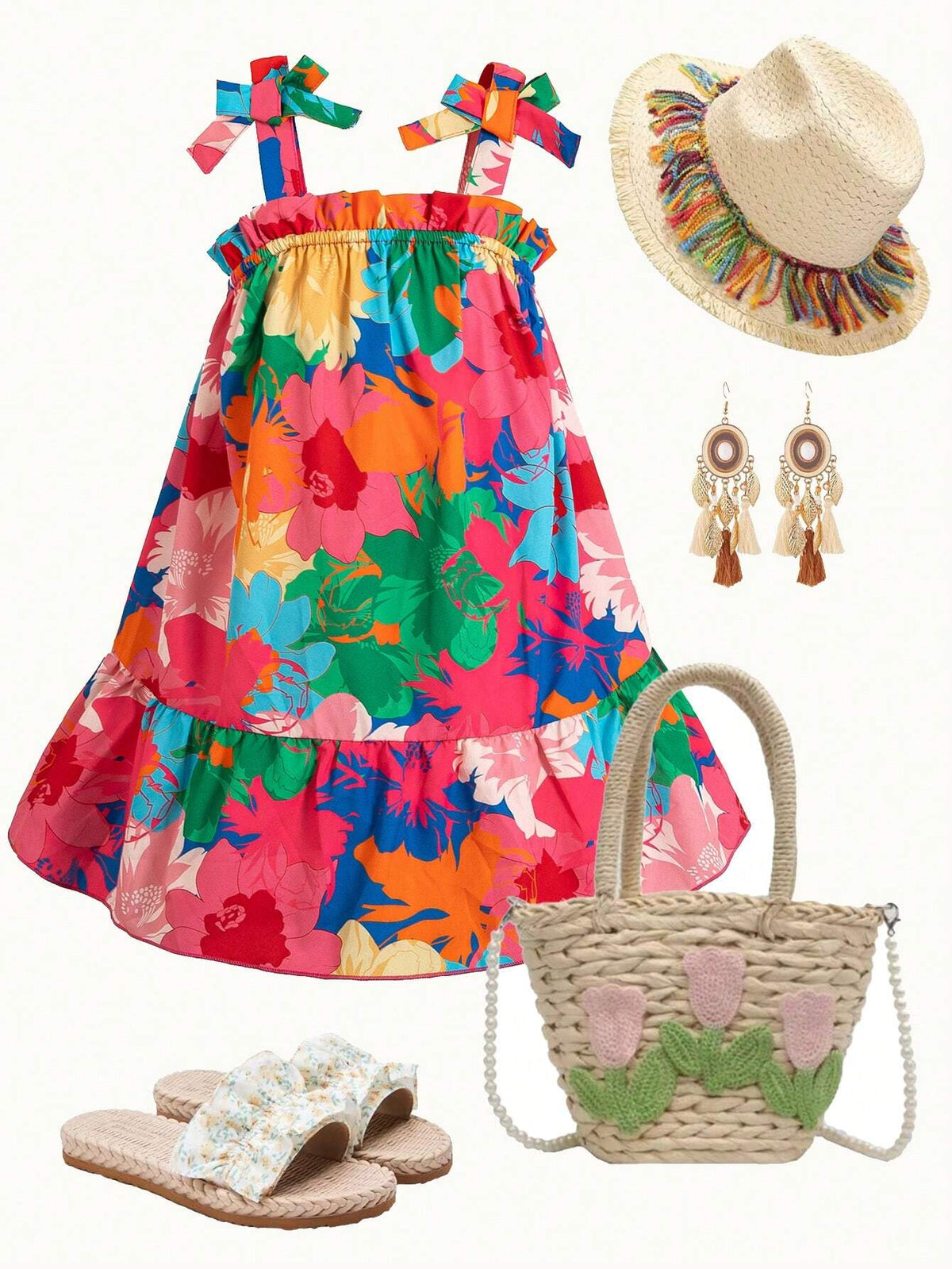 Girls' Dress Colorful Floral Print Beach Vacation Dress