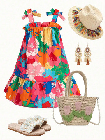 Girls' Dress Colorful Floral Print Beach Vacation Dress