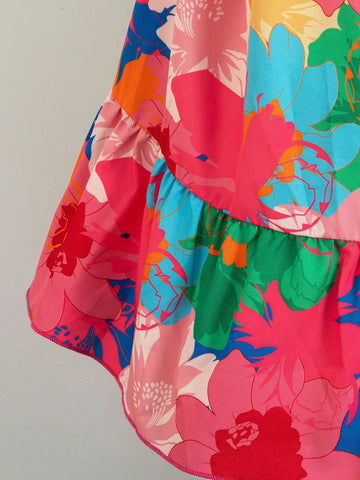 Girls' Dress Colorful Floral Print Beach Vacation Dress