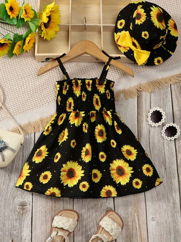 Girls' Dress With Chrysanthemum Print And Bow Strap