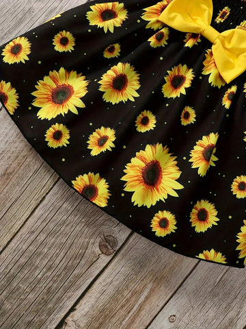 Girls' Dress With Chrysanthemum Print And Bow Strap