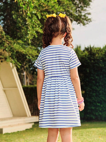 Girls Dress, Young Girl Casual Vacation Minimalist Blue & White Striped Heart Geometric Print Short Sleeve Loose Comfortable Beach Dress