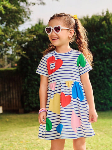 Girls Dress, Young Girl Casual Vacation Minimalist Blue & White Striped Heart Geometric Print Short Sleeve Loose Comfortable Beach Dress