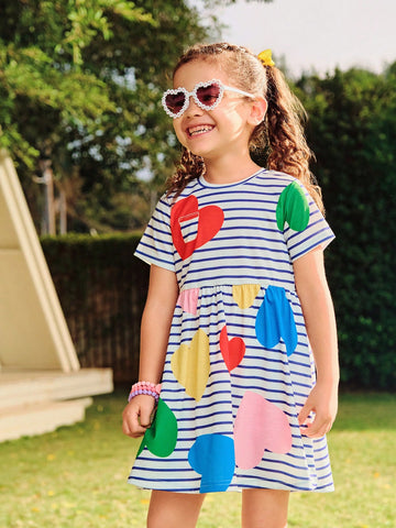 Girls Dress, Young Girl Casual Vacation Minimalist Blue & White Striped Heart Geometric Print Short Sleeve Loose Comfortable Beach Dress