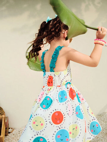 Girls Dress, Young Girl Colorful Holiday Painted Sun Print Strap Dress, Sundress For Beach Vacation, Vibrant Outfit