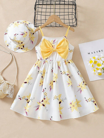 Girls Dress + Hat Set, Young Girl Floral Print Spaghetti Strap Casual Dress, Summer Dress Suitable For Gifts, Outdoor Play