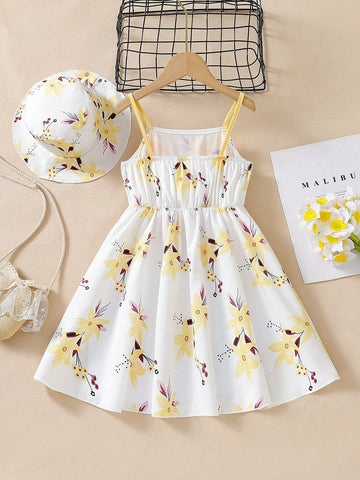 Girls Dress + Hat Set, Young Girl Floral Print Spaghetti Strap Casual Dress, Summer Dress Suitable For Gifts, Outdoor Play