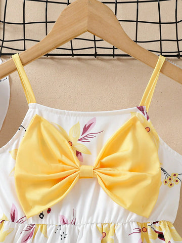 Girls Dress + Hat Set, Young Girl Floral Print Spaghetti Strap Casual Dress, Summer Dress Suitable For Gifts, Outdoor Play