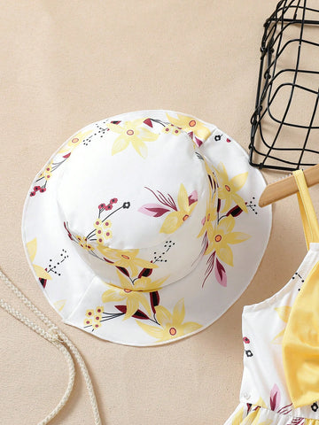 Girls Dress + Hat Set, Young Girl Floral Print Spaghetti Strap Casual Dress, Summer Dress Suitable For Gifts, Outdoor Play