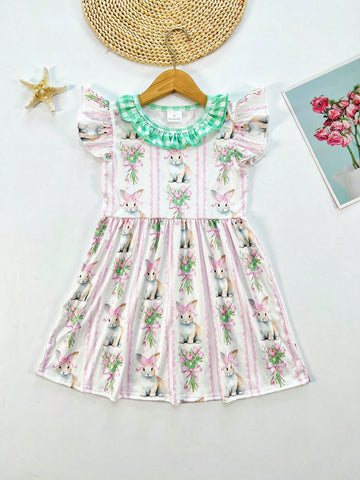 Girls Easter Bunny Cartoon Digital Print Ruffle Collar Casual Cap Sleeve Dress