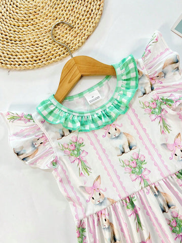 Girls Easter Bunny Cartoon Digital Print Ruffle Collar Casual Cap Sleeve Dress