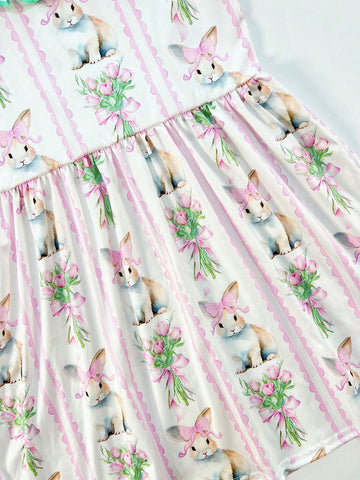 Girls Easter Bunny Cartoon Digital Print Ruffle Collar Casual Cap Sleeve Dress