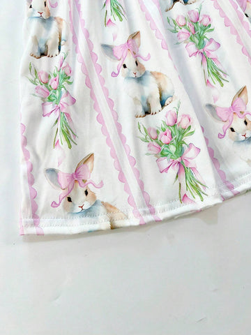 Girls Easter Bunny Cartoon Digital Print Ruffle Collar Casual Cap Sleeve Dress
