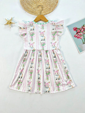 Girls Easter Bunny Cartoon Digital Print Ruffle Collar Casual Cap Sleeve Dress