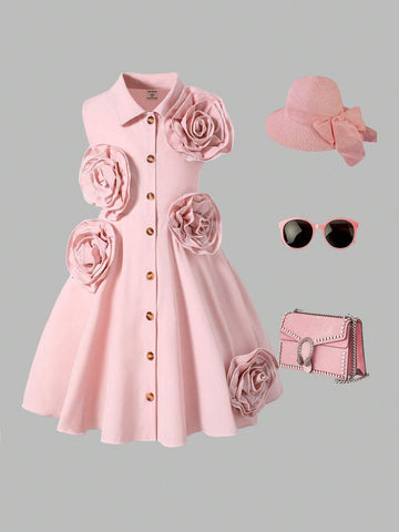 Girls' Elegant Academy 3D Flower Shirt Waist-Cinched Pink Pleated Dress