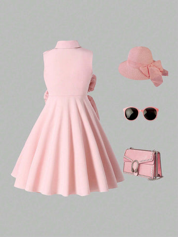 Girls' Elegant Academy 3D Flower Shirt Waist-Cinched Pink Pleated Dress