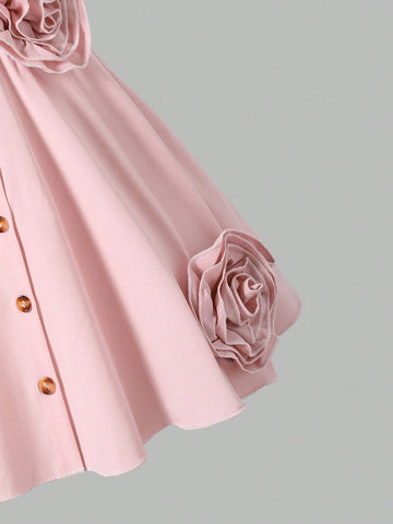 Girls' Elegant Academy 3D Flower Shirt Waist-Cinched Pink Pleated Dress