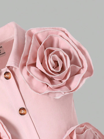 Girls' Elegant Academy 3D Flower Shirt Waist-Cinched Pink Pleated Dress