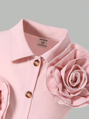 Girls' Elegant Academy 3D Flower Shirt Waist-Cinched Pink Pleated Dress