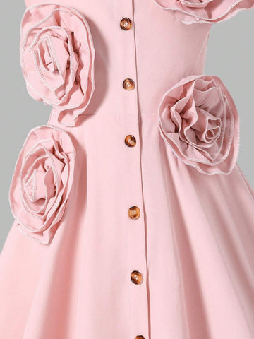 Girls' Elegant Academy 3D Flower Shirt Waist-Cinched Pink Pleated Dress